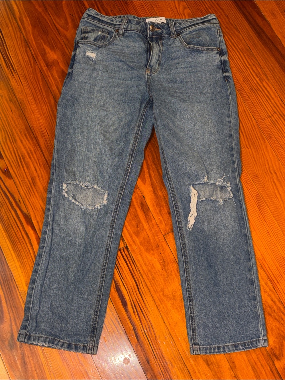 Vanilla Star Distressed Straight Leg Jeans - Blue Wash